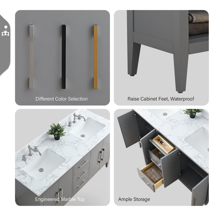 60" Double Sink Modern Freestanding Bathroom Vanity Set with Arabescato White Engineered Marble Top – Storage Cabinet with Soft-Closing Doors & Drawers VA9060D - HomeBeyond