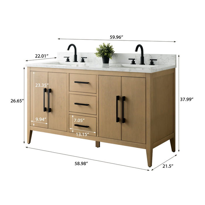 60" Double Sink Modern Freestanding Bathroom Vanity Set with Arabescato White Engineered Marble Top – Storage Cabinet with Soft-Closing Doors & Drawers VA9060D - HomeBeyond