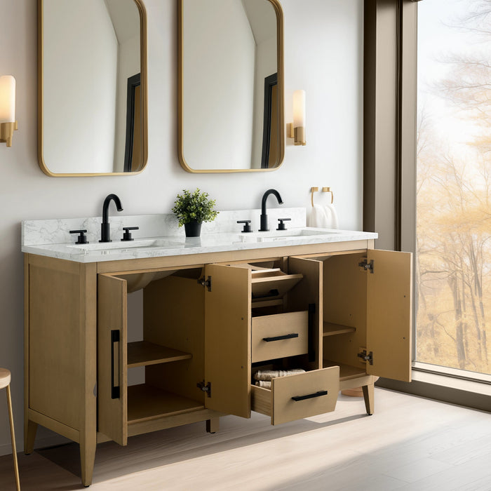 60" Double Sink Modern Freestanding Bathroom Vanity Set with Arabescato White Engineered Marble Top – Storage Cabinet with Soft-Closing Doors & Drawers VA9060D - HomeBeyond