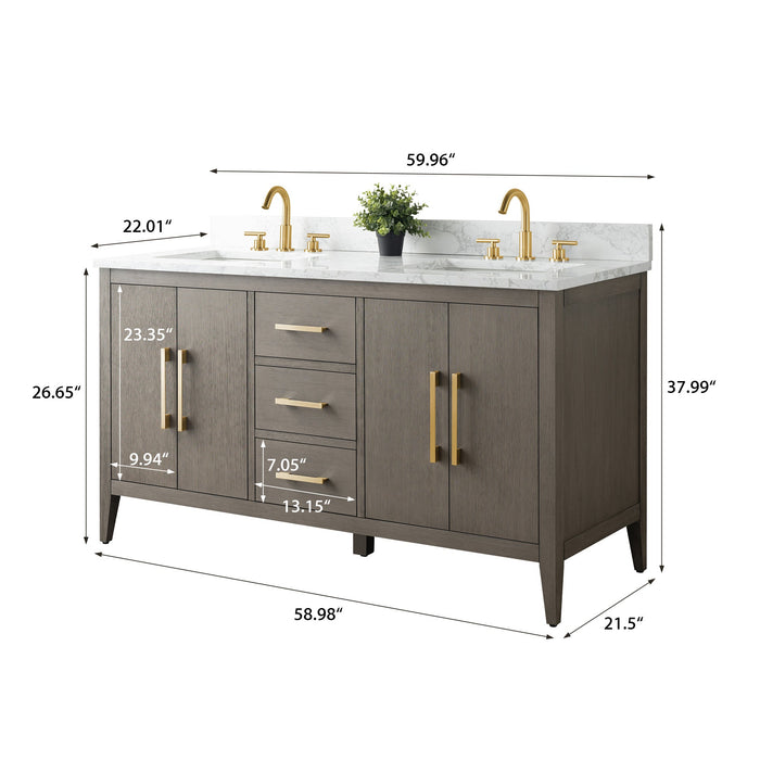 60" Double Sink Modern Freestanding Bathroom Vanity Set with Arabescato White Engineered Marble Top – Storage Cabinet with Soft-Closing Doors & Drawers VA9060D - HomeBeyond