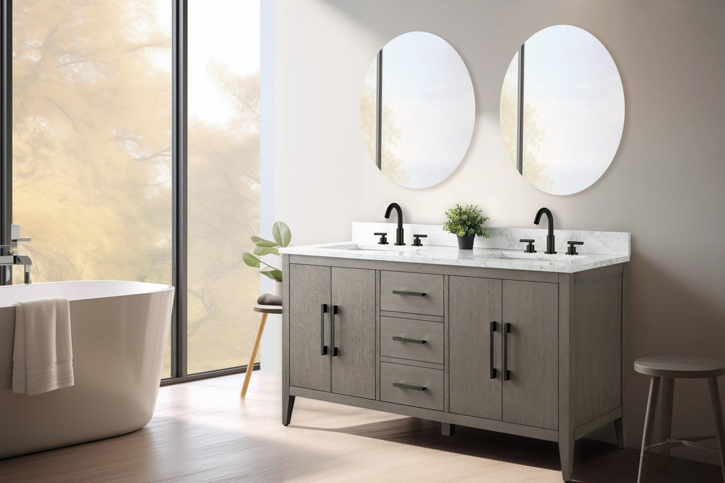 60" Double Sink Modern Freestanding Bathroom Vanity Set with Arabescato White Engineered Marble Top – Storage Cabinet with Soft-Closing Doors & Drawers VA9060D - HomeBeyond