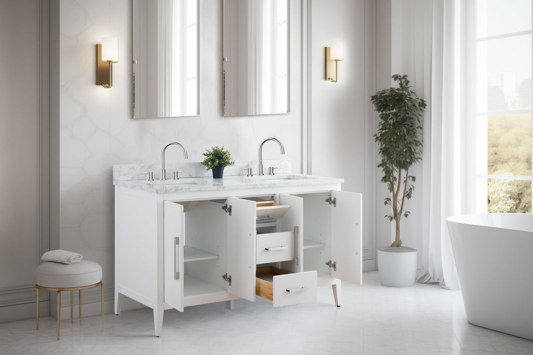 60" Double Sink Modern Freestanding Bathroom Vanity Set with Arabescato White Engineered Marble Top – Storage Cabinet with Soft-Closing Doors & Drawers VA9060D - HomeBeyond