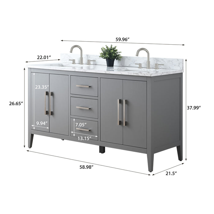 60" Double Sink Modern Freestanding Bathroom Vanity Set with Arabescato White Engineered Marble Top – Storage Cabinet with Soft-Closing Doors & Drawers VA9060D - HomeBeyond