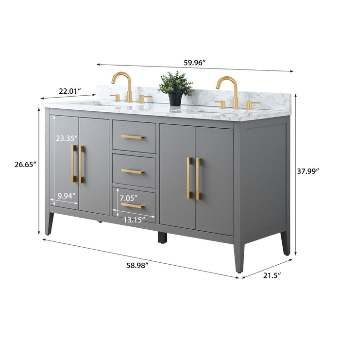 60" Double Sink Modern Freestanding Bathroom Vanity Set with Arabescato White Engineered Marble Top – Storage Cabinet with Soft-Closing Doors & Drawers VA9060D - HomeBeyond