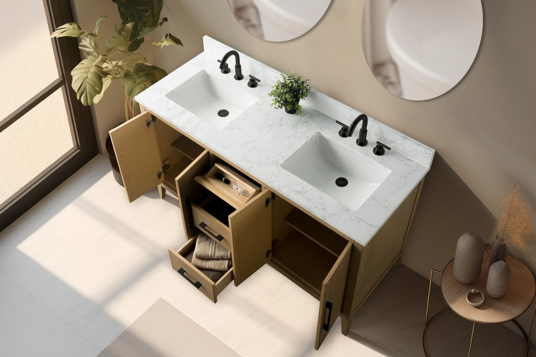 60" Double Sink Modern Freestanding Bathroom Vanity Set with Arabescato White Engineered Marble Top – Storage Cabinet with Soft-Closing Doors & Drawers VA9060D - HomeBeyond