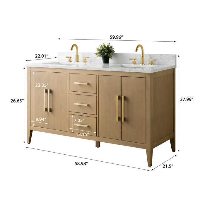60" Double Sink Modern Freestanding Bathroom Vanity Set with Arabescato White Engineered Marble Top – Storage Cabinet with Soft-Closing Doors & Drawers VA9060D - HomeBeyond