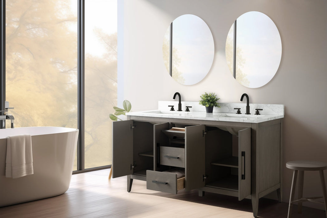 60" Double Sink Modern Freestanding Bathroom Vanity Set with Arabescato White Engineered Marble Top – Storage Cabinet with Soft-Closing Doors & Drawers VA9060D - HomeBeyond