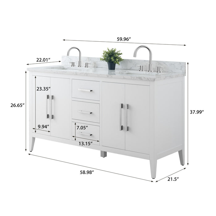 60" Double Sink Modern Freestanding Bathroom Vanity Set with Arabescato White Engineered Marble Top – Storage Cabinet with Soft-Closing Doors & Drawers VA9060D - HomeBeyond