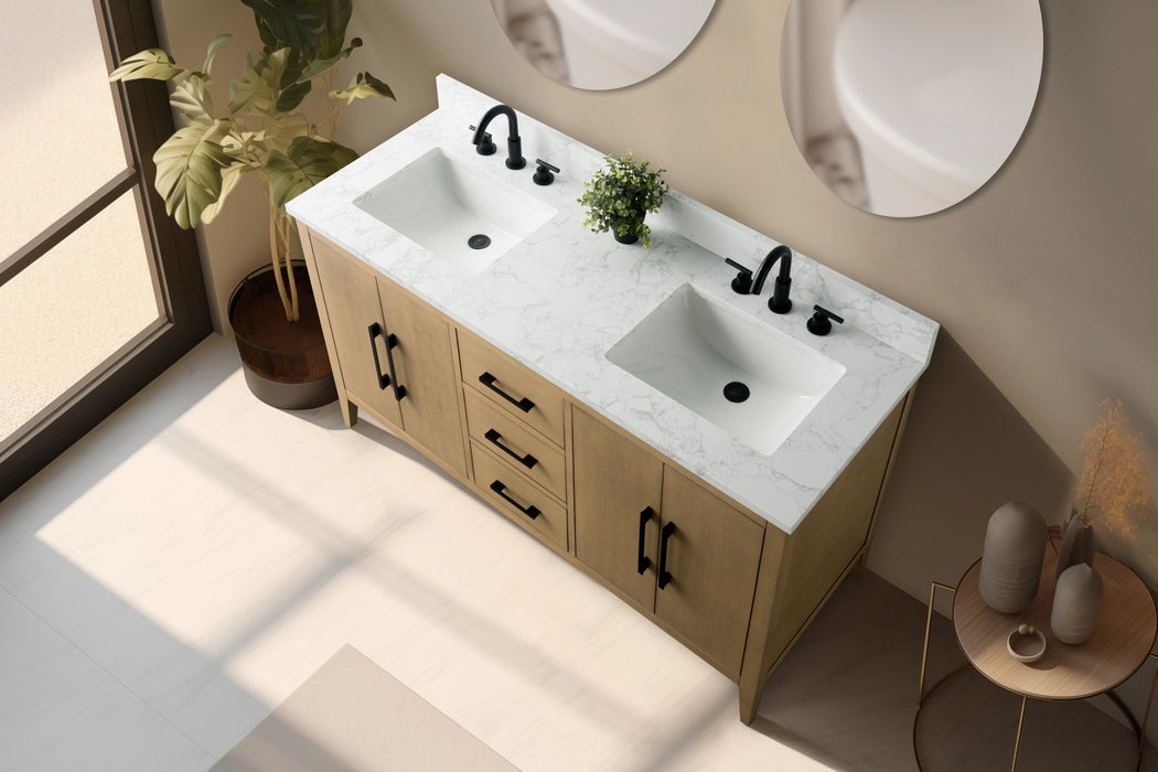 60" Double Sink Modern Freestanding Bathroom Vanity Set with Arabescato White Engineered Marble Top – Storage Cabinet with Soft-Closing Doors & Drawers VA9060D - HomeBeyond