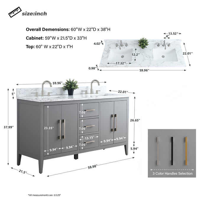 60" Double Sink Modern Freestanding Bathroom Vanity Set with Arabescato White Engineered Marble Top – Storage Cabinet with Soft-Closing Doors & Drawers VA9060D - HomeBeyond