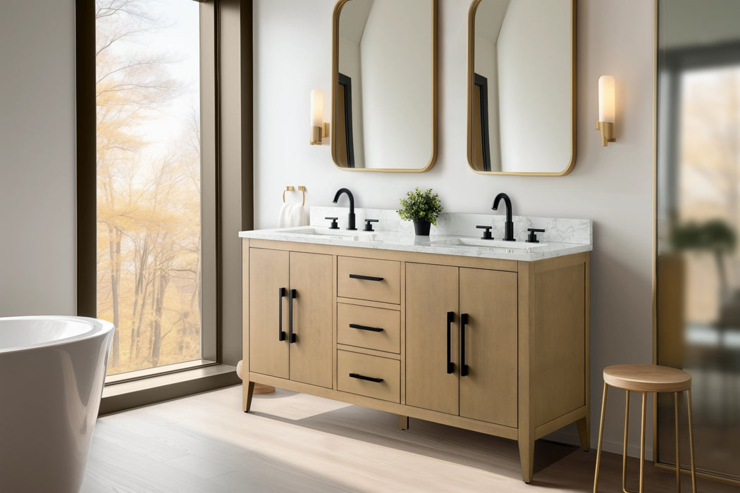 60" Double Sink Modern Freestanding Bathroom Vanity Set with Arabescato White Engineered Marble Top – Storage Cabinet with Soft-Closing Doors & Drawers VA9060D - HomeBeyond