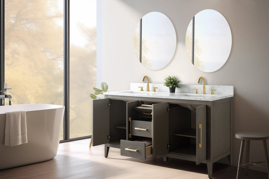 60" Double Sink Modern Freestanding Bathroom Vanity Set with Arabescato White Engineered Marble Top – Storage Cabinet with Soft-Closing Doors & Drawers VA9060D - HomeBeyond