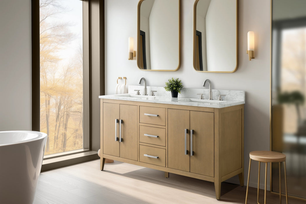 60" Double Sink Modern Freestanding Bathroom Vanity Set with Arabescato White Engineered Marble Top – Storage Cabinet with Soft-Closing Doors & Drawers VA9060D - HomeBeyond