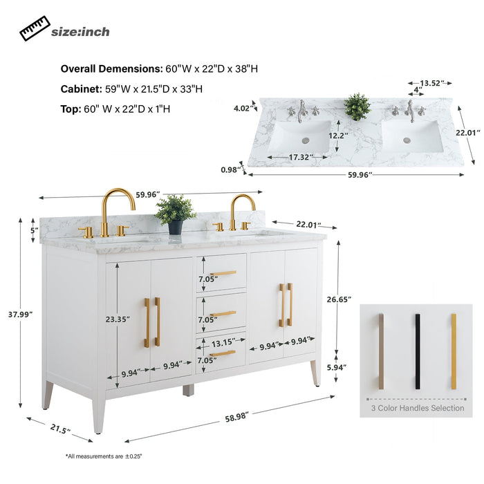 60" Double Sink Modern Freestanding Bathroom Vanity Set with Arabescato White Engineered Marble Top – Storage Cabinet with Soft-Closing Doors & Drawers VA9060D - HomeBeyond