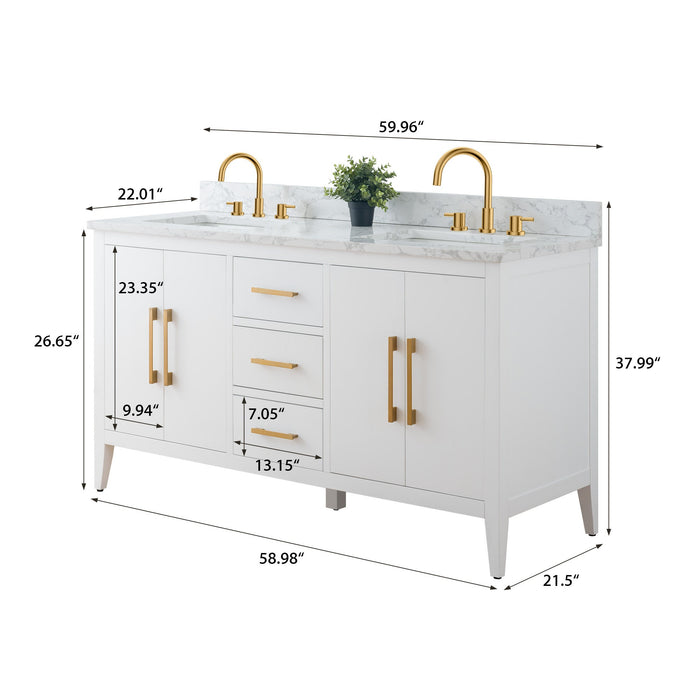 60" Double Sink Modern Freestanding Bathroom Vanity Set with Arabescato White Engineered Marble Top – Storage Cabinet with Soft-Closing Doors & Drawers VA9060D - HomeBeyond