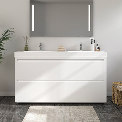60" Double Sink Modern Freestanding Bathroom Vanity Set with White Engineered Stone Top – Large Storage Cabinet with Soft-Closing Drawers VA6060DWF - HomeBeyond