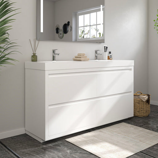 60" Double Sink Modern Freestanding Bathroom Vanity Set with White Engineered Stone Top – Large Storage Cabinet with Soft-Closing Drawers VA6060DWF - HomeBeyond
