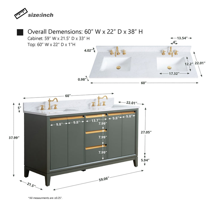 60" Double Sink Modern Freestanding Solid Wood Bathroom Vanity Set with Ariston White Engineered Marble Top – Storage Cabinet with Soft-Closing Drawers VA8060-D - HomeBeyond