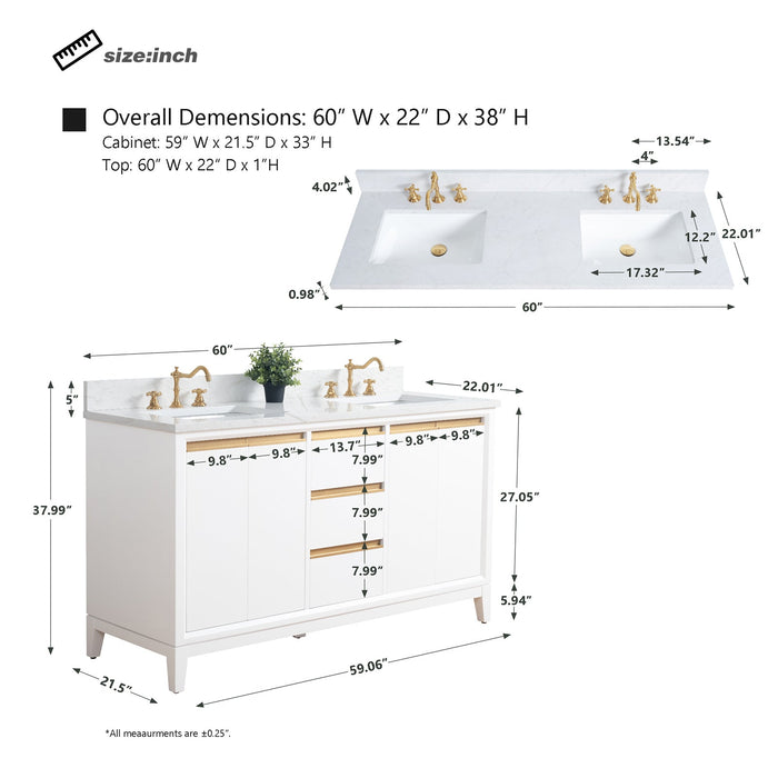 60" Double Sink Modern Freestanding Solid Wood Bathroom Vanity Set with Ariston White Engineered Marble Top – Storage Cabinet with Soft-Closing Drawers VA8060-D - HomeBeyond