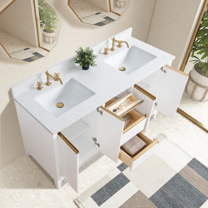 60" Double Sink Modern Freestanding Solid Wood Bathroom Vanity Set with Ariston White Engineered Marble Top – Storage Cabinet with Soft-Closing Drawers VA8060-D - HomeBeyond