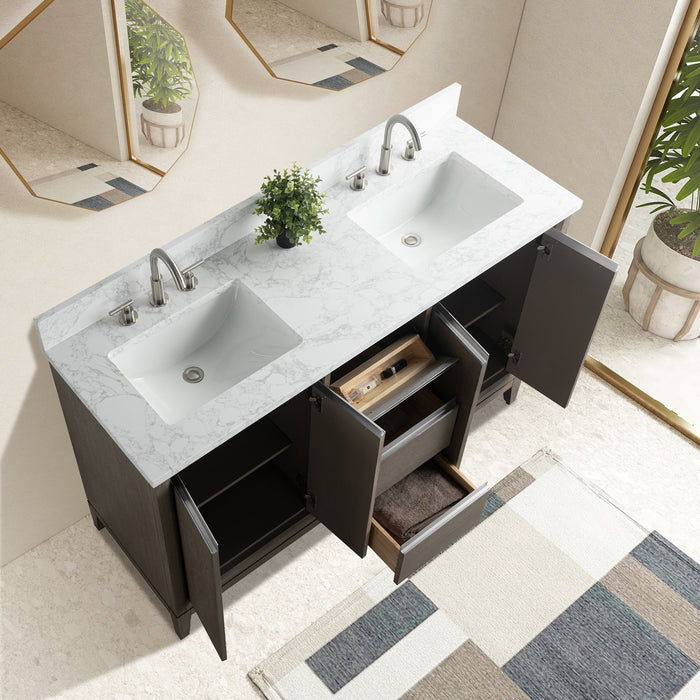 60" Double Sink Modern Freestanding Solid Wood Bathroom Vanity Set with Ariston White Engineered Marble Top – Storage Cabinet with Soft-Closing Drawers VA8060-D - HomeBeyond