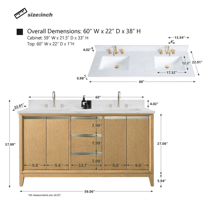 60" Double Sink Modern Freestanding Solid Wood Bathroom Vanity Set with Ariston White Engineered Marble Top – Storage Cabinet with Soft-Closing Drawers VA8060-D - HomeBeyond