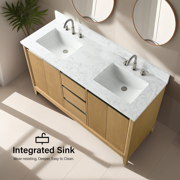 60" Double Sink Modern Freestanding Solid Wood Bathroom Vanity Set with Ariston White Engineered Marble Top – Storage Cabinet with Soft-Closing Drawers VA8060-D - HomeBeyond