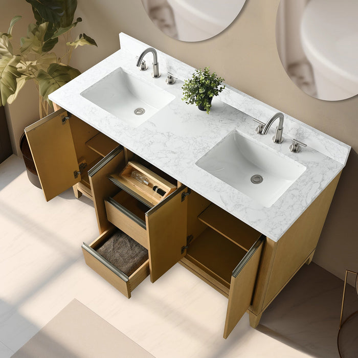 60" Double Sink Modern Freestanding Solid Wood Bathroom Vanity Set with Ariston White Engineered Marble Top – Storage Cabinet with Soft-Closing Drawers VA8060-D - HomeBeyond
