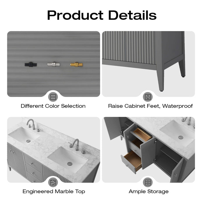 60" Double Sink Modern Freestanding Solid Wood Bathroom Vanity Set with Engineered Marble Top – Storage Cabinet with Soft-Closing Doors & Drawers VA9160D - HomeBeyond