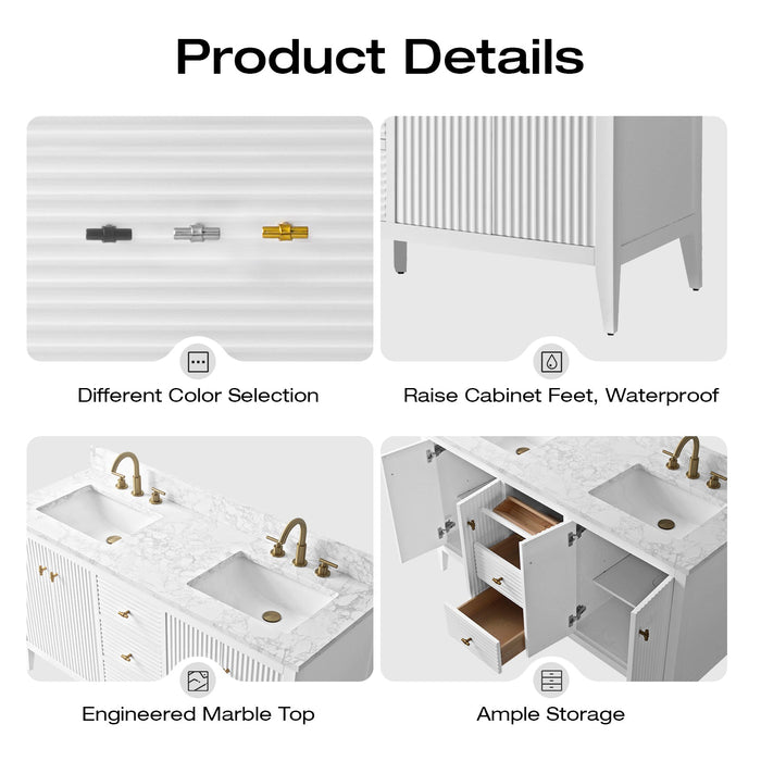 60" Double Sink Modern Freestanding Solid Wood Bathroom Vanity Set with Engineered Marble Top – Storage Cabinet with Soft-Closing Doors & Drawers VA9160D - HomeBeyond