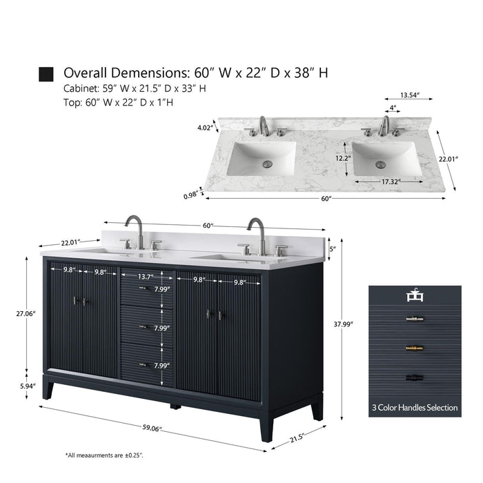 60" Double Sink Modern Freestanding Solid Wood Bathroom Vanity Set with White Engineered Marble Top – Storage Cabinet with Soft-Closing Doors & Drawers VA8160D - HomeBeyond