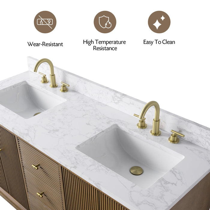 60" Double Sink Modern Freestanding Solid Wood Bathroom Vanity Set with White Engineered Marble Top – Storage Cabinet with Soft-Closing Doors & Drawers VA8160D - HomeBeyond