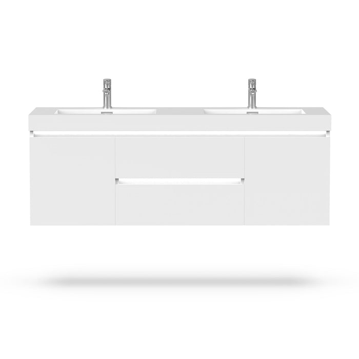 60" Double Sink Modern Wall-Mounted Bathroom Vanity Set with LED Light & White Resin Top – Floating Storage Cabinet with 2 Doors VA6060DWL - HomeBeyond