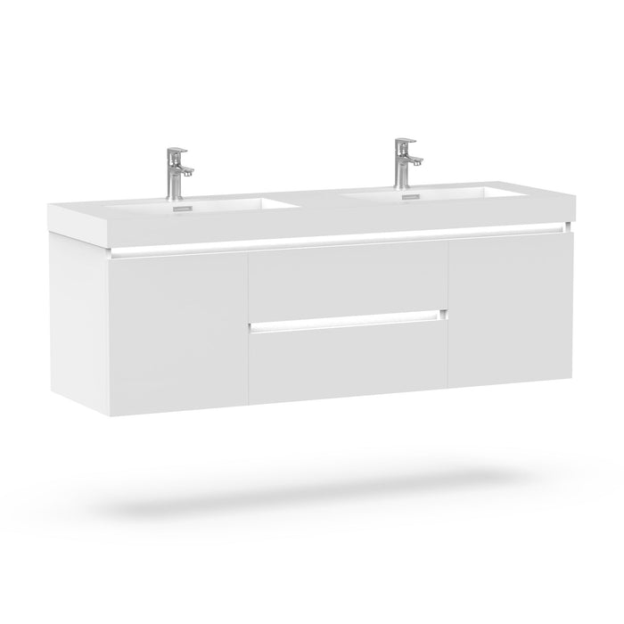 60" Double Sink Modern Wall-Mounted Bathroom Vanity Set with LED Light & White Resin Top – Floating Storage Cabinet with 2 Doors VA6060DWL - HomeBeyond