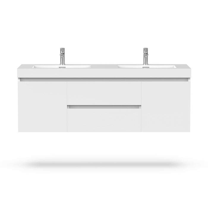 60" Double Sink Modern Wall-Mounted Bathroom Vanity Set with White Engineered Stone Top – Floating Storage Cabinet with Drawers & Doors VA6060DW - HomeBeyond