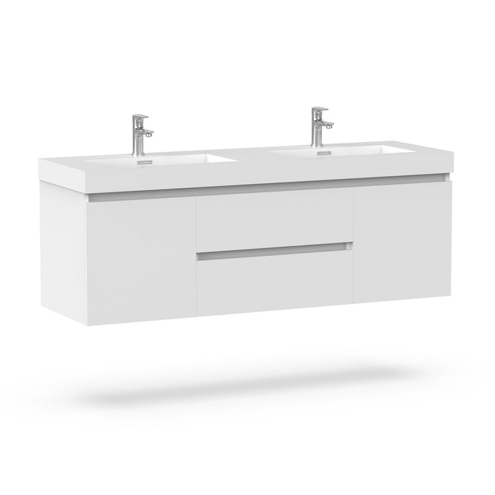 60" Double Sink Modern Wall-Mounted Bathroom Vanity Set with White Engineered Stone Top – Floating Storage Cabinet with Drawers & Doors VA6060DW - HomeBeyond