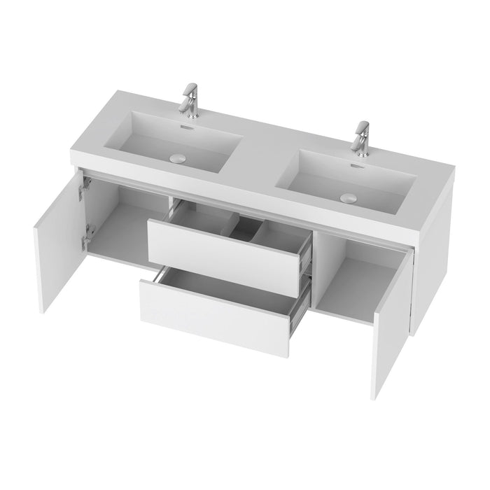 60" Double Sink Modern Wall-Mounted Bathroom Vanity Set with White Engineered Stone Top – Floating Storage Cabinet with Drawers & Doors VA6060DW - HomeBeyond