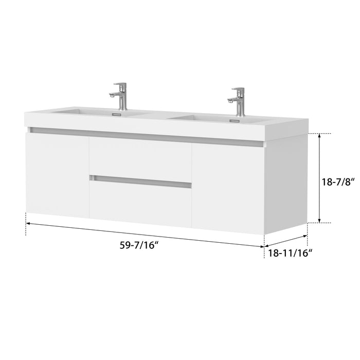 60" Double Sink Modern Wall-Mounted Bathroom Vanity Set with White Engineered Stone Top – Floating Storage Cabinet with Drawers & Doors VA6060DW - HomeBeyond