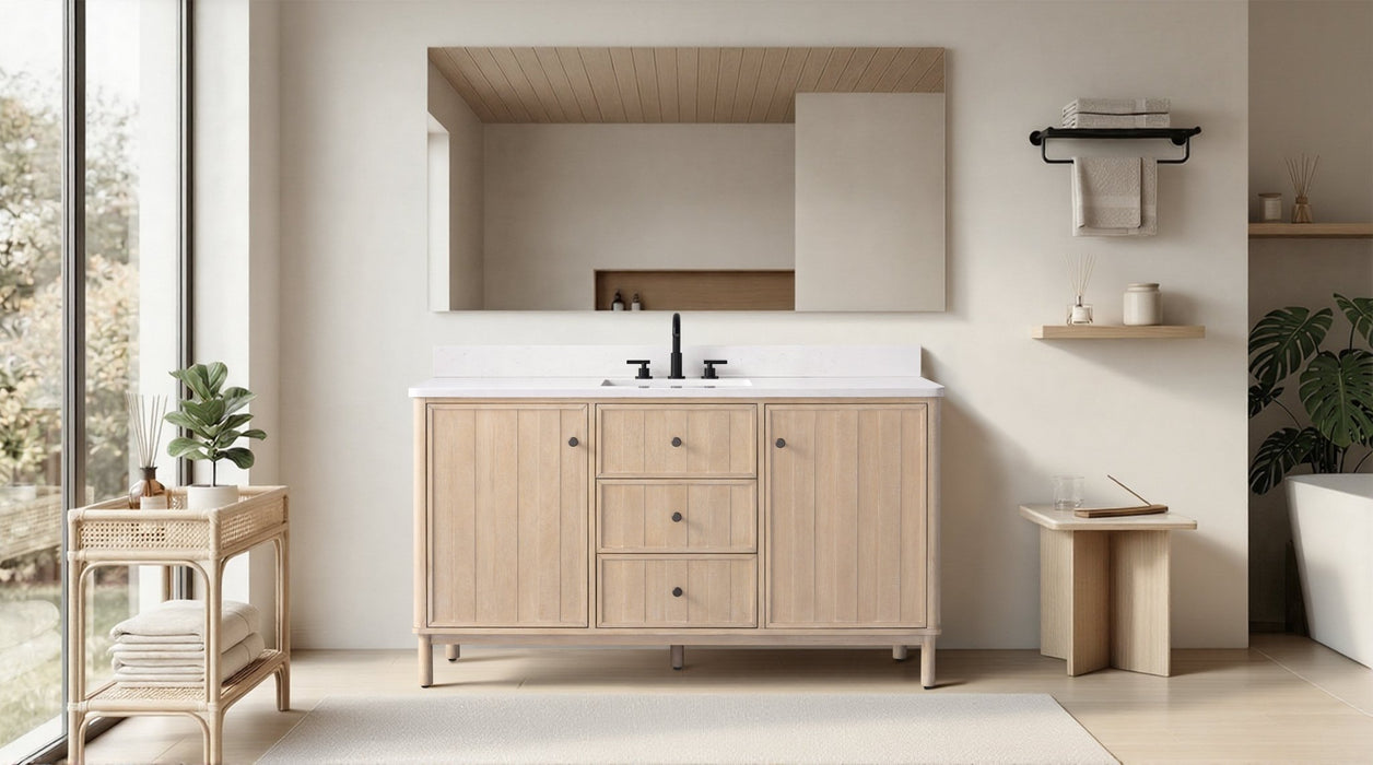 60" Freestanding Bathroom Vanity with Milano Mist Engineered Stone Countertop, Integrated Ceramic Sink, Hidden Power & USB Charging Station and Hair Dryer Storage - HomeBeyond