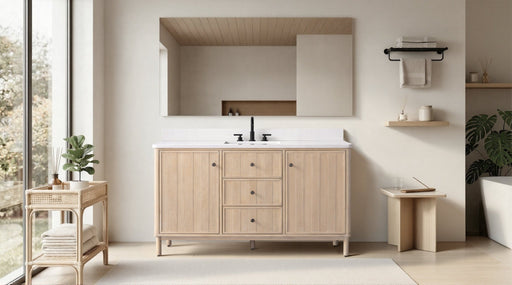 60" Freestanding Bathroom Vanity with Milano Mist Engineered Stone Countertop, Integrated Ceramic Sink, Hidden Power & USB Charging Station and Hair Dryer Storage - HomeBeyond