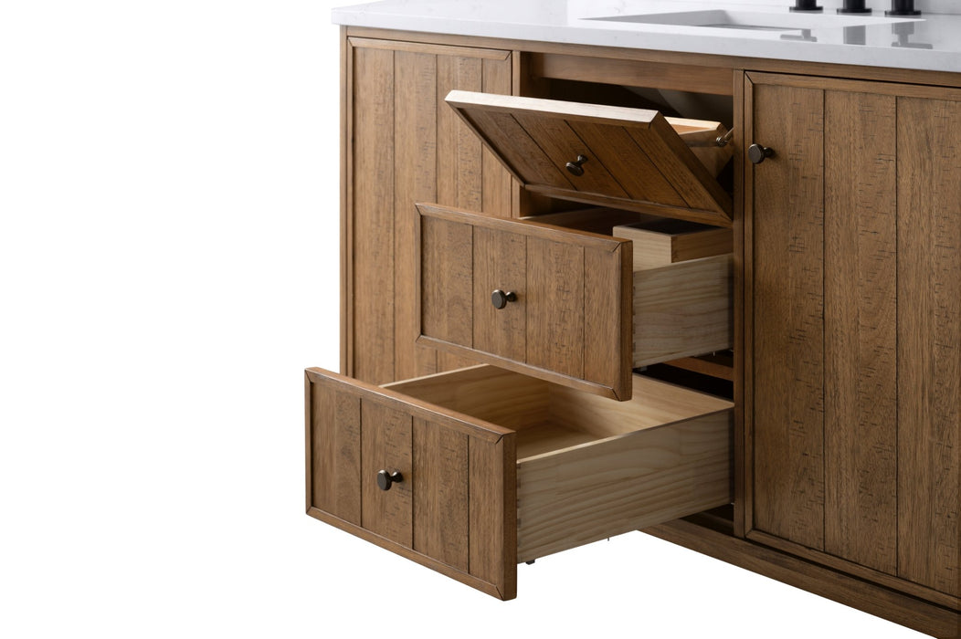 60" Freestanding Bathroom Vanity with Milano Mist Engineered Stone Countertop, Integrated Ceramic Sink, Hidden Power & USB Charging Station and Hair Dryer Storage - HomeBeyond