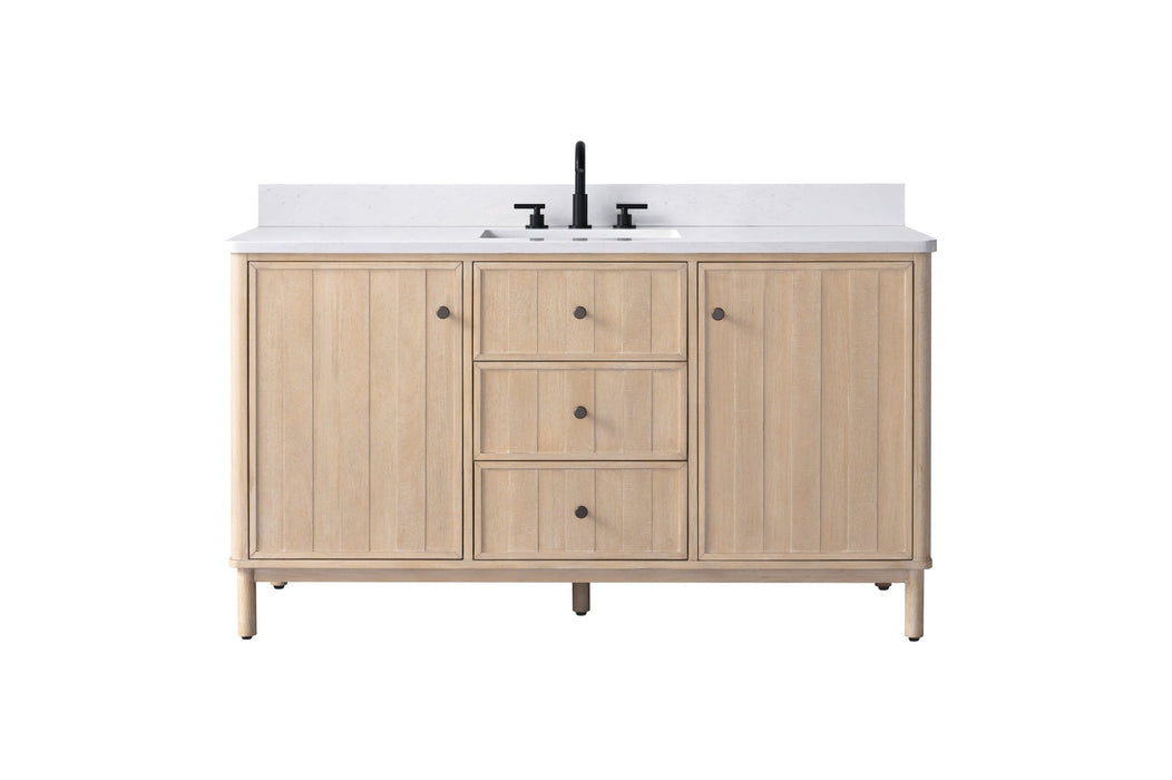 60" Freestanding Bathroom Vanity with Milano Mist Engineered Stone Countertop, Integrated Ceramic Sink, Hidden Power & USB Charging Station and Hair Dryer Storage - HomeBeyond
