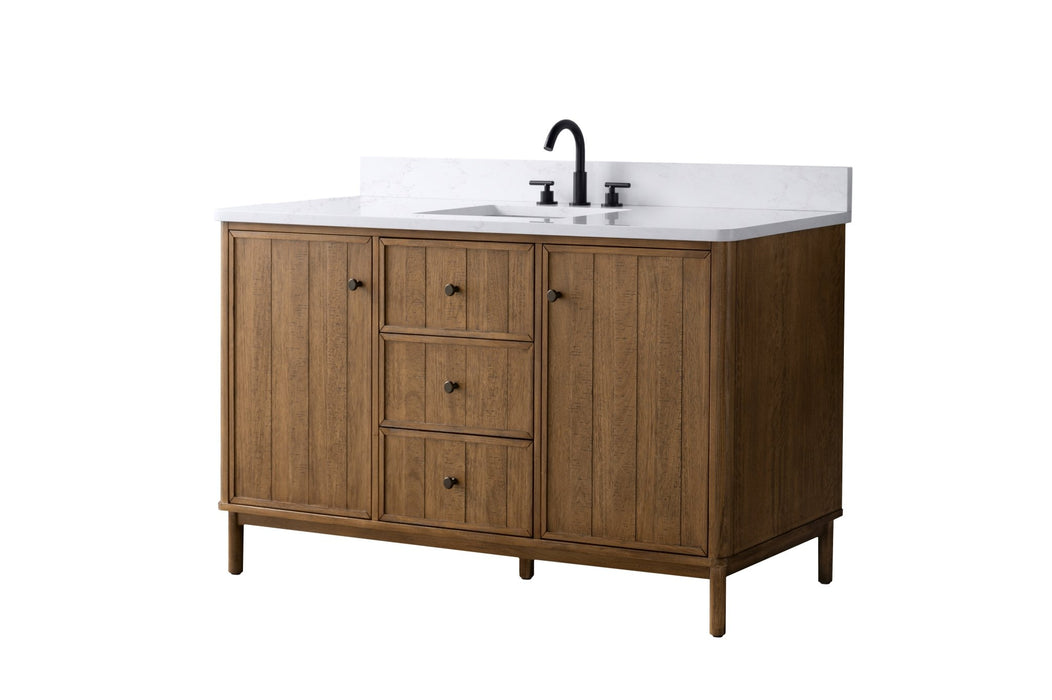 60" Freestanding Bathroom Vanity with Milano Mist Engineered Stone Countertop, Integrated Ceramic Sink, Hidden Power & USB Charging Station and Hair Dryer Storage - HomeBeyond