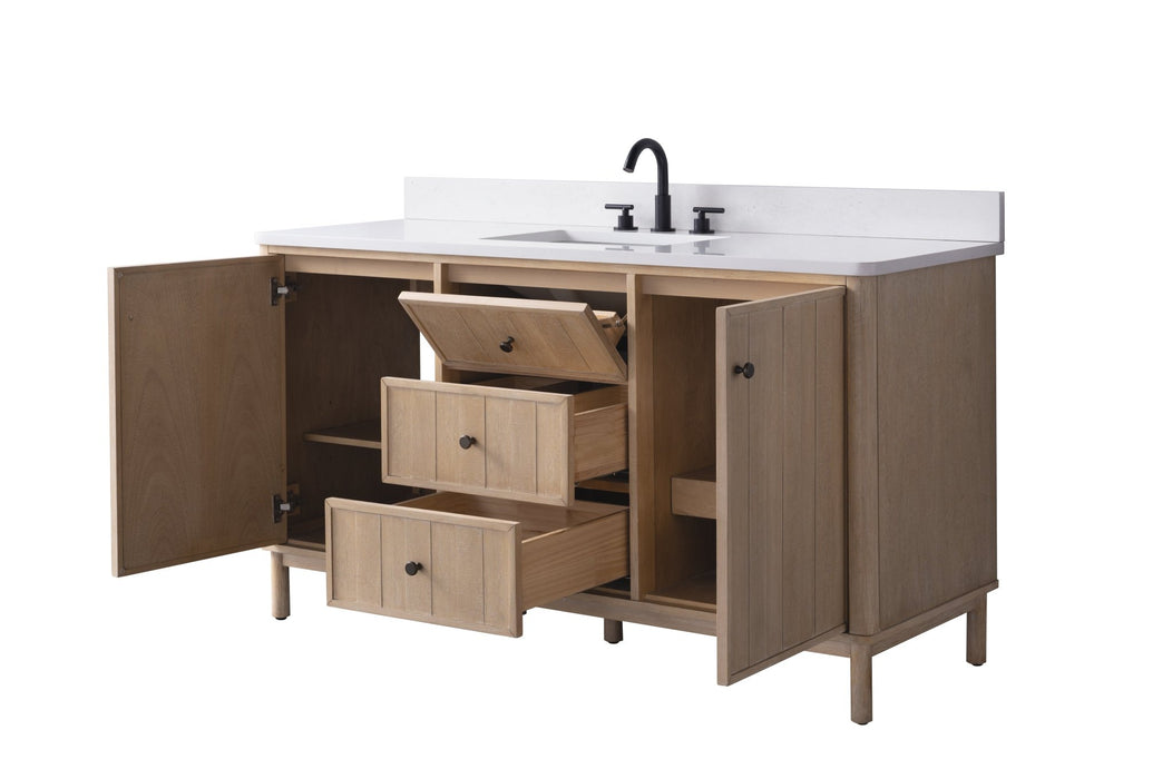 60" Freestanding Bathroom Vanity with Milano Mist Engineered Stone Countertop, Integrated Ceramic Sink, Hidden Power & USB Charging Station and Hair Dryer Storage - HomeBeyond