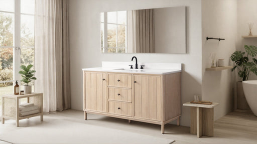 60" Freestanding Bathroom Vanity with Milano Mist Engineered Stone Countertop, Integrated Ceramic Sink, Hidden Power & USB Charging Station and Hair Dryer Storage - HomeBeyond