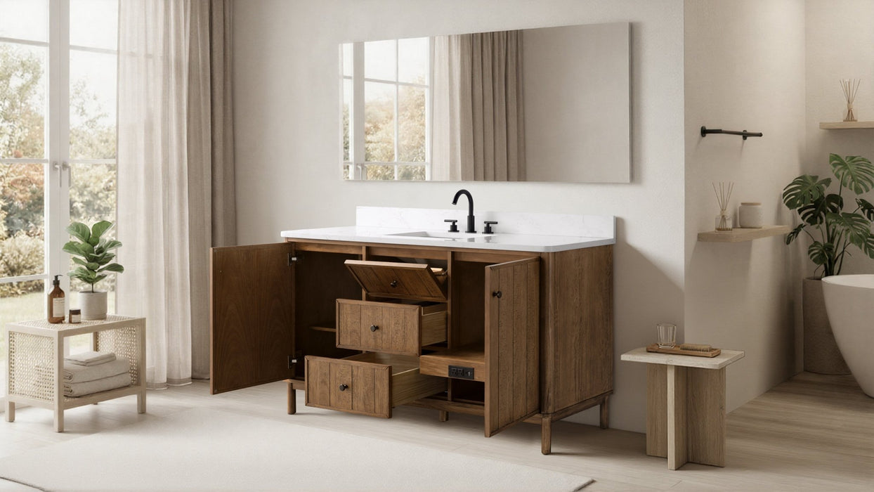 60" Freestanding Bathroom Vanity with Milano Mist Engineered Stone Countertop, Integrated Ceramic Sink, Hidden Power & USB Charging Station and Hair Dryer Storage - HomeBeyond