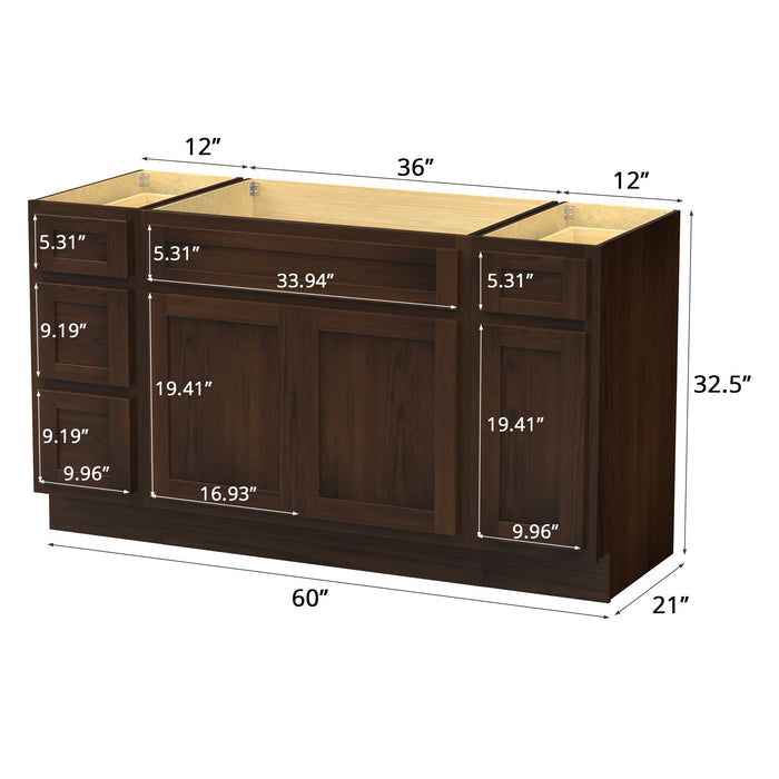 60" Modern Freestanding Oak Bathroom Vanity Base Only – Shaker Style Storage Cabinet with 4 Drawers & 3 Doors VA40123-36-121 - HomeBeyond