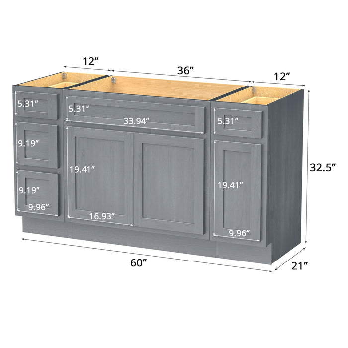 60" Modern Freestanding Oak Bathroom Vanity Base Only – Shaker Style Storage Cabinet with 4 Drawers & 3 Doors VA40123-36-121 - HomeBeyond