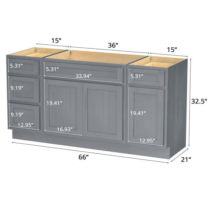 60" Modern Freestanding Oak Bathroom Vanity Base Only – Shaker Style Storage Cabinet with 4 Drawers & 3 Doors VA40153-36-151 - HomeBeyond