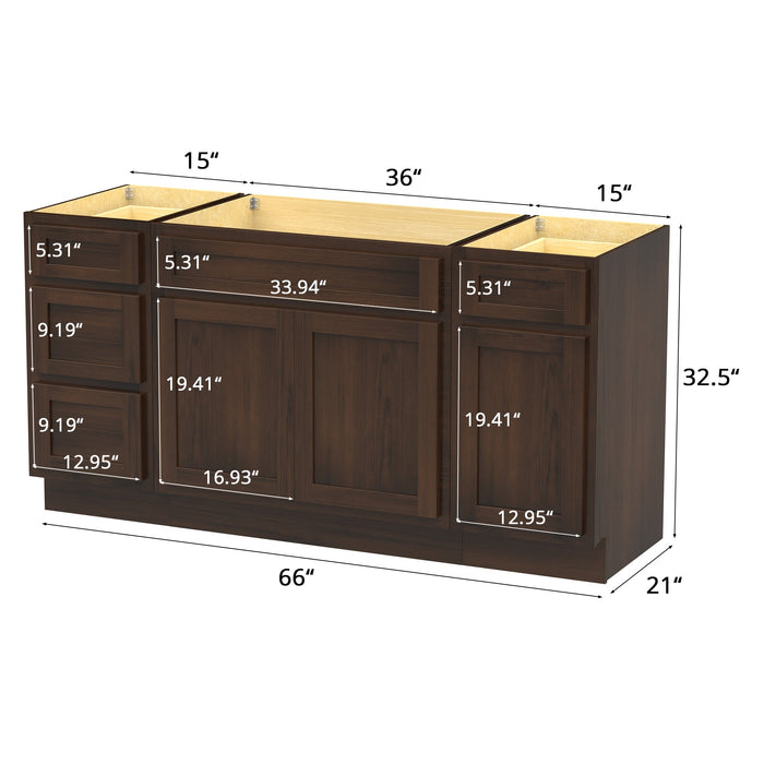 60" Modern Freestanding Oak Bathroom Vanity Base Only – Shaker Style Storage Cabinet with 4 Drawers & 3 Doors VA40153-36-151 - HomeBeyond